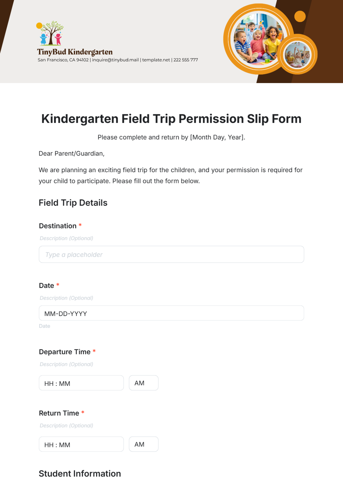 Kindergarten Field Trip Permission Slip Template