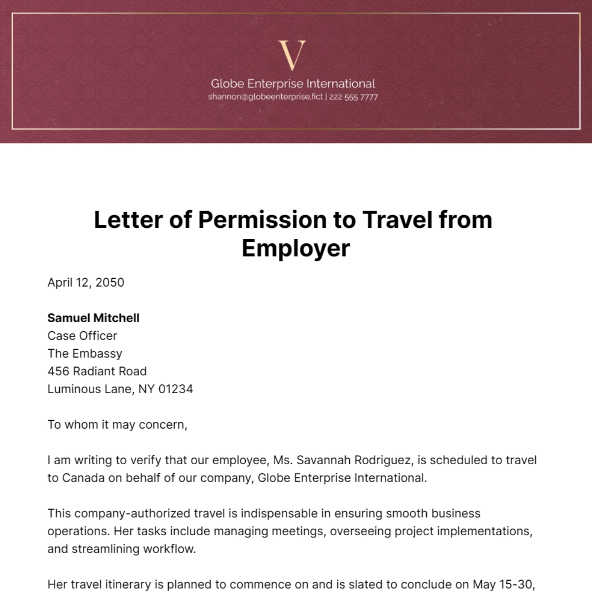 Free Letter Of Permission To Travel From Employer Template To Edit 