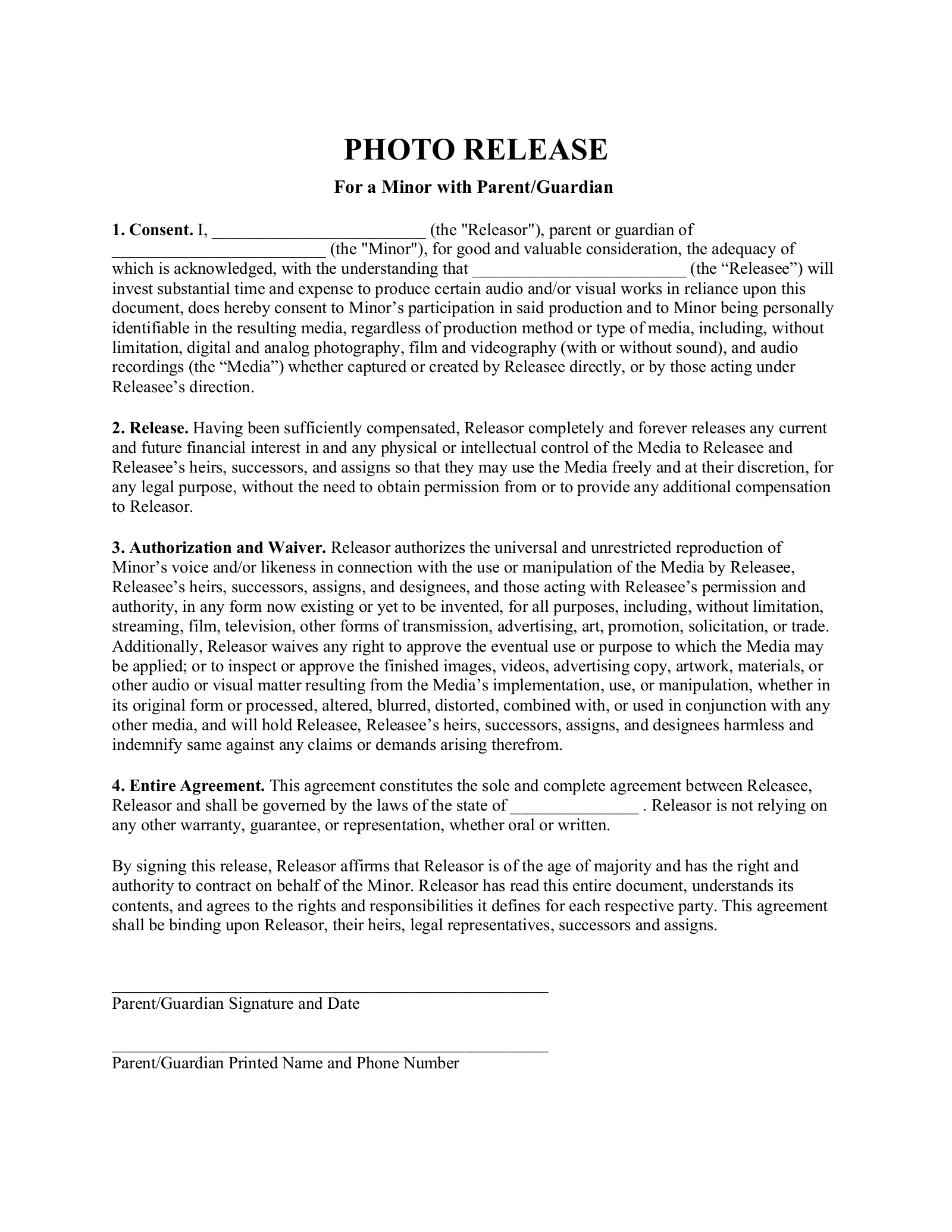 Free Minor Child Photo Release Form PDF Word EForms