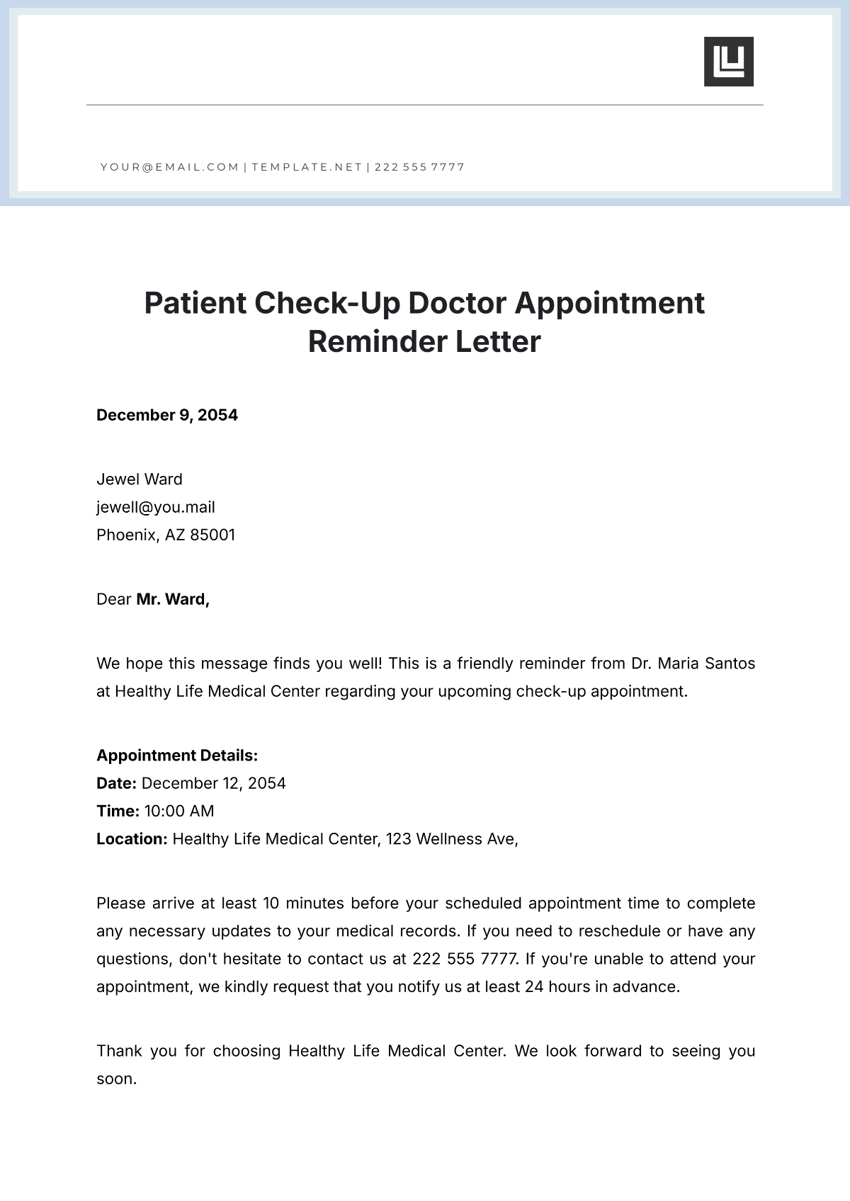 Free Patient Check Up Doctor Appointment Reminder Letter Template To Edit Online