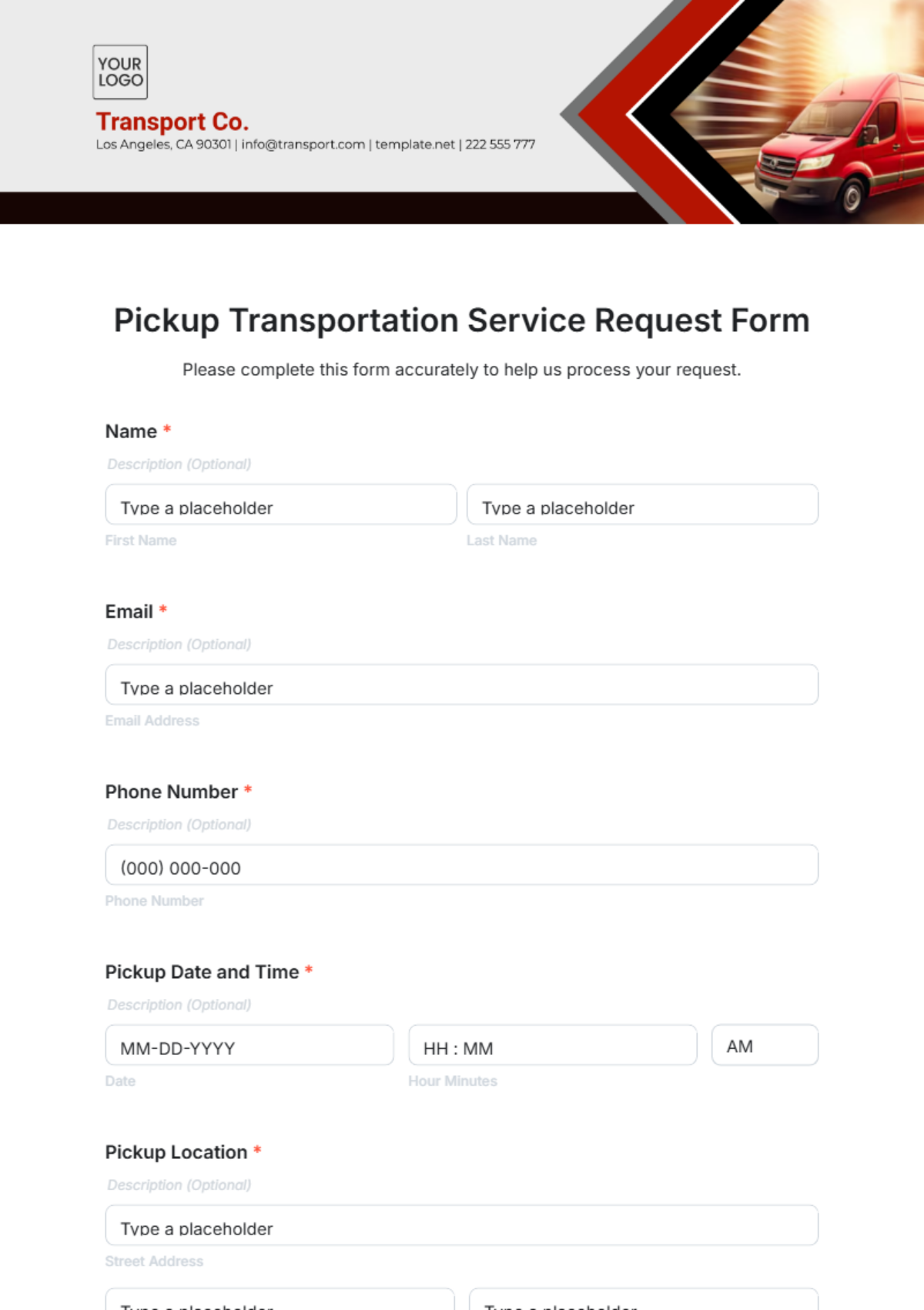 Free Pickup Transportation Service Request Form Template To Edit Online