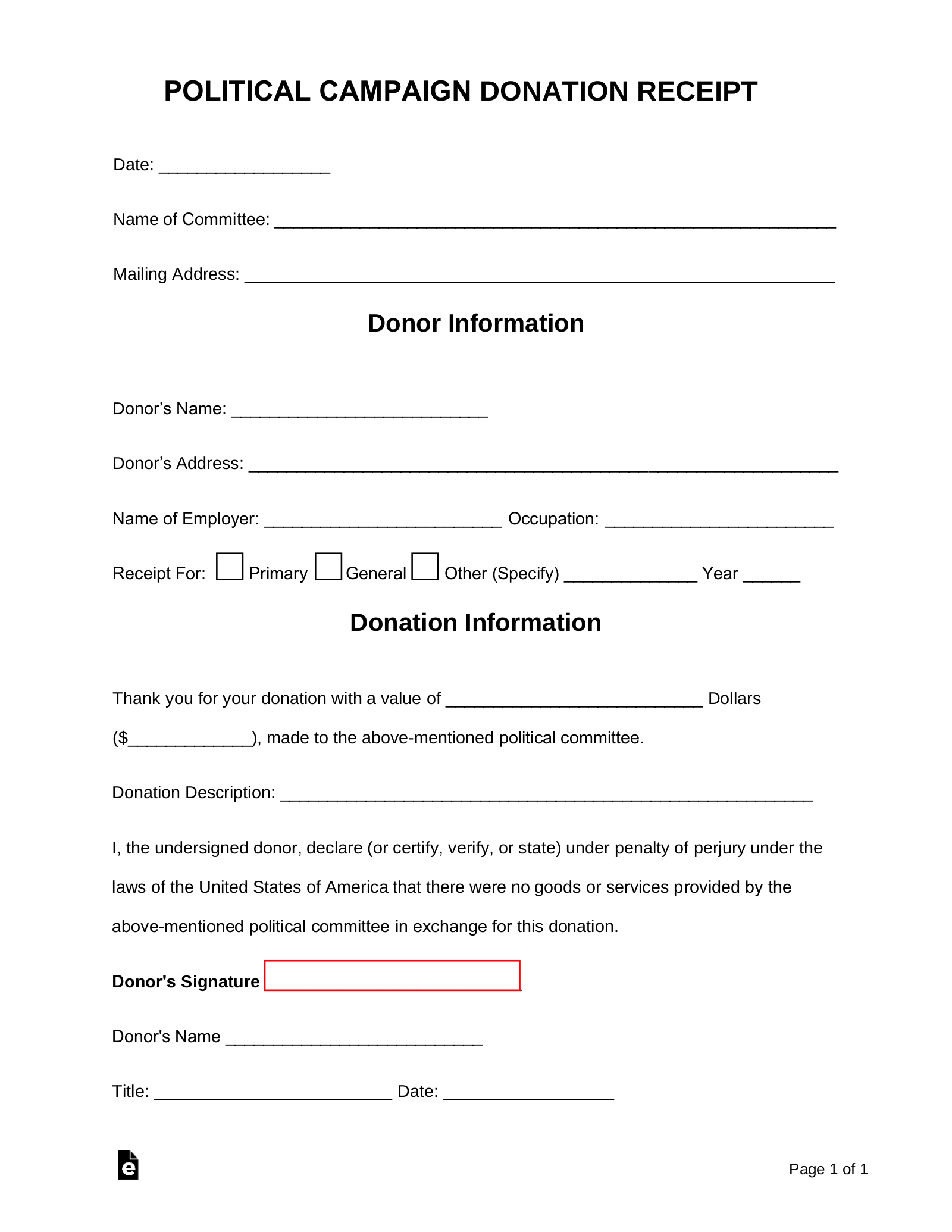 Free Political Campaign Donation Receipt PDF Word EForms