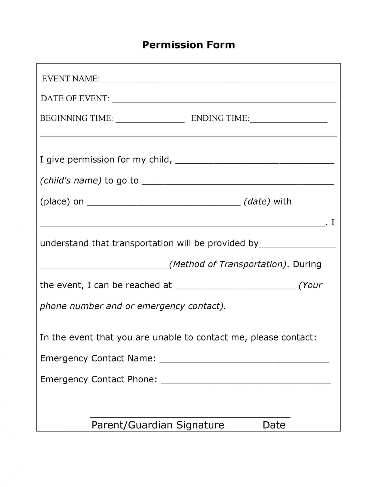 Free Printable Church Permission Slips
