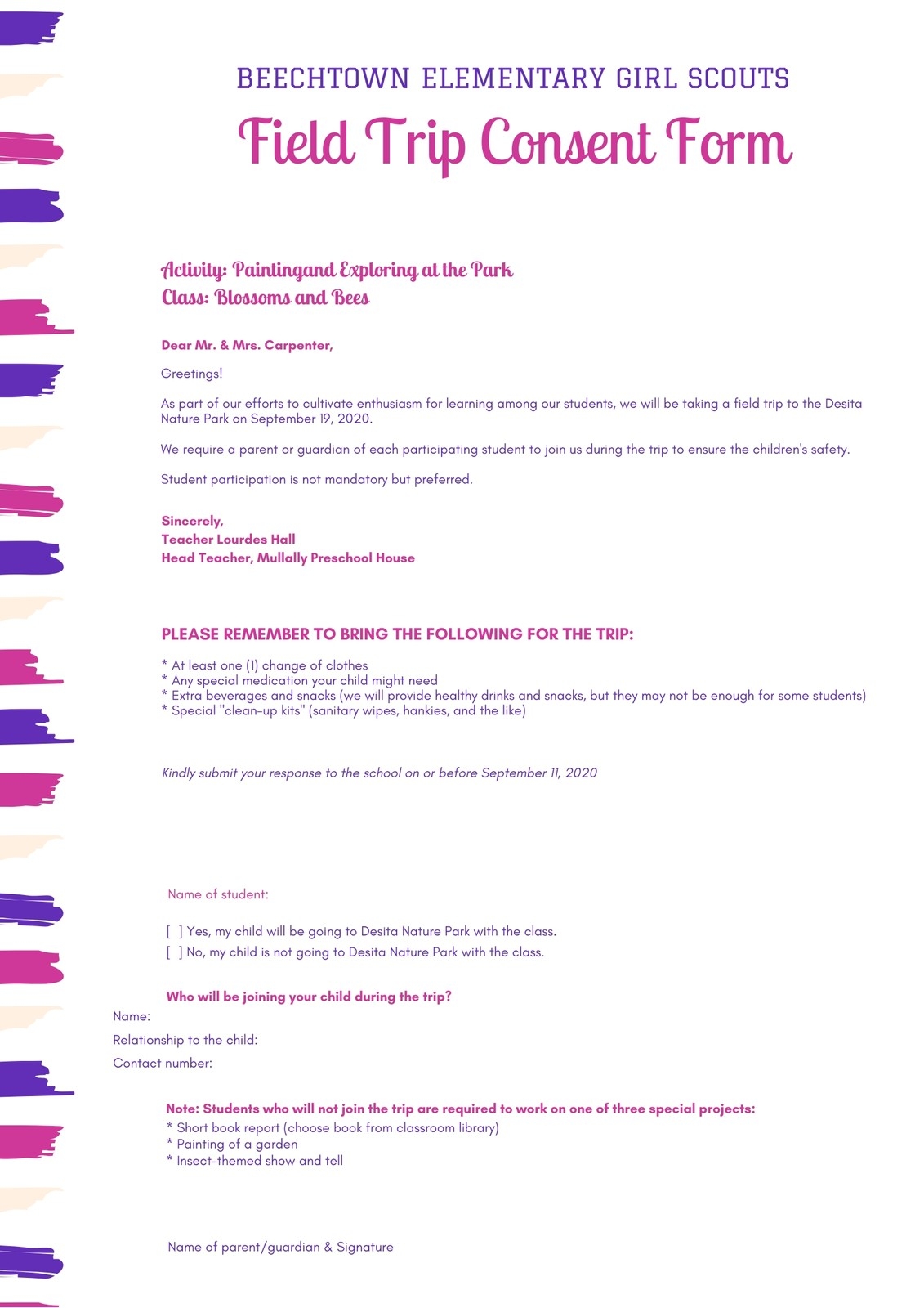 Free Printable Customizable Permission Slip Letter Templates Canva
