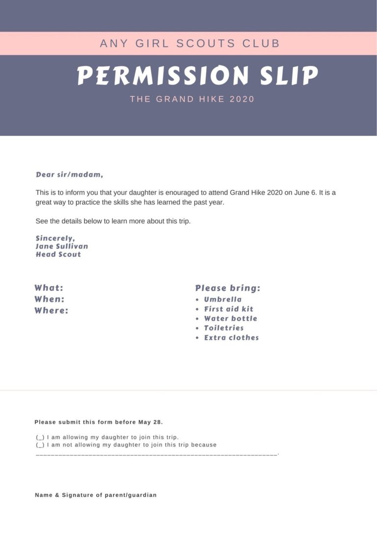 Free Printable Customizable Permission Slip Letter Templates Canva