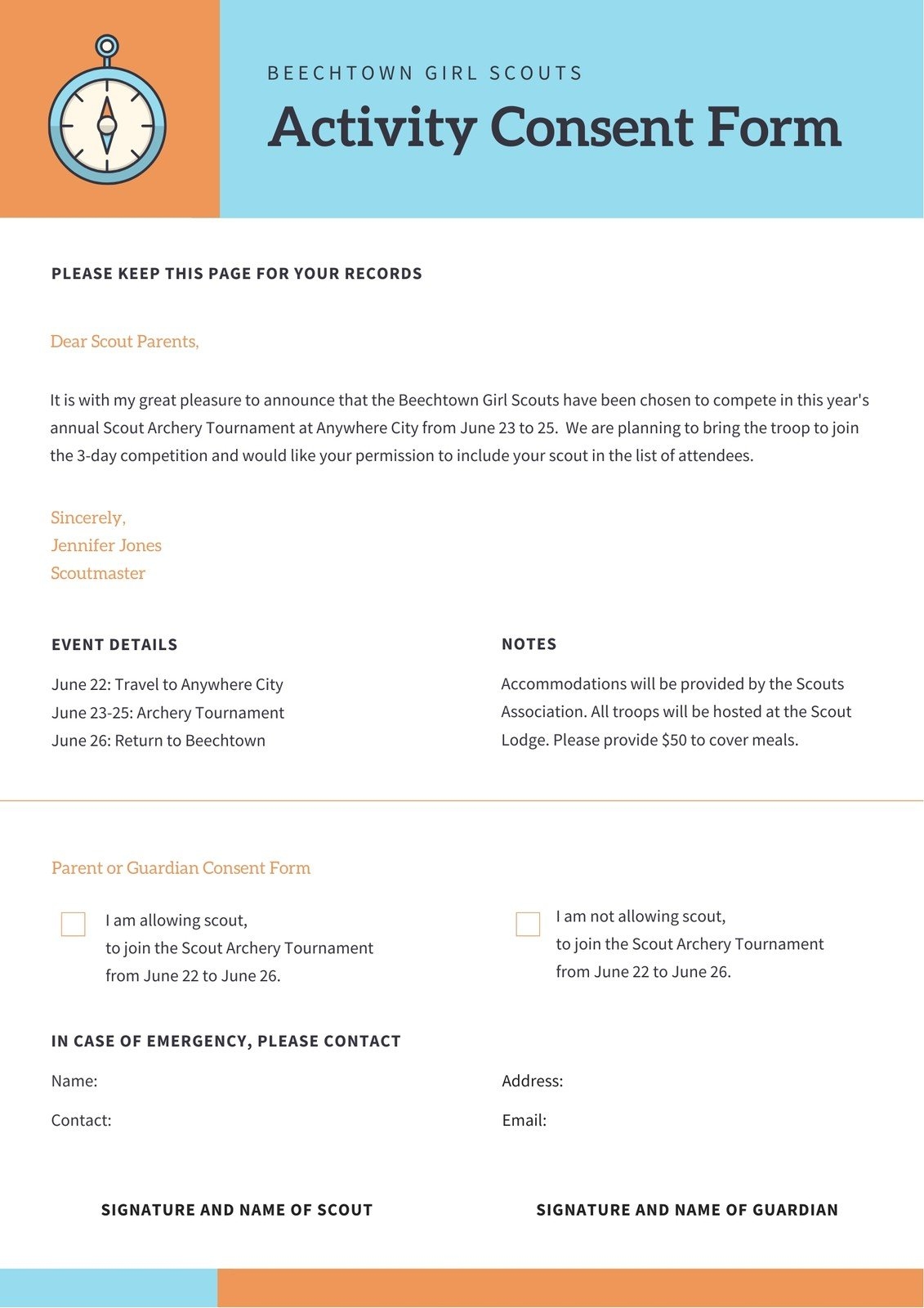 Permission Slip Template Girl Scouts