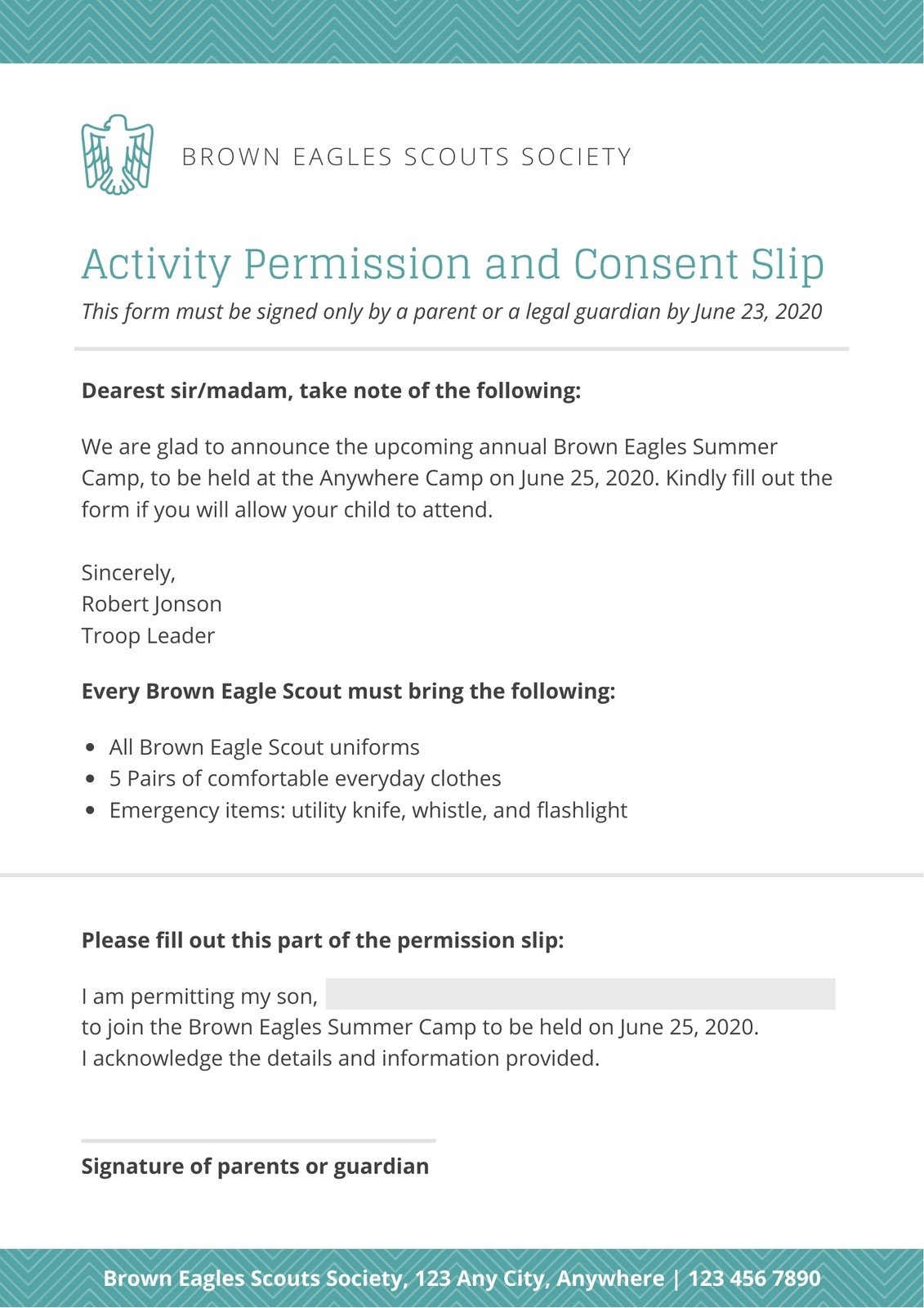 Free Printable Customizable Permission Slip Letter Templates Canva