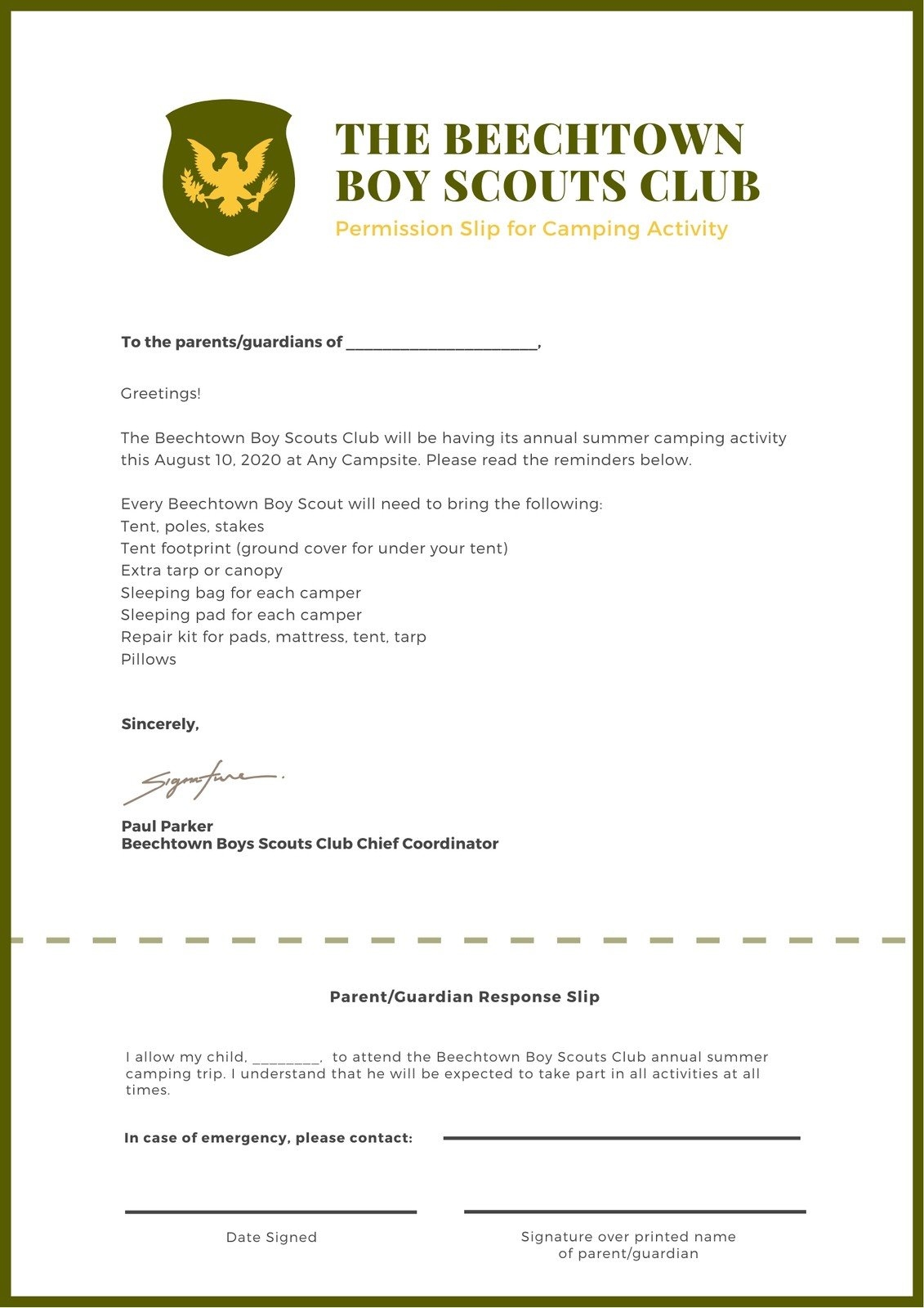 Permission Slip Template Camp