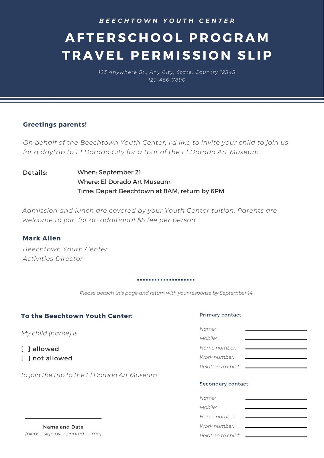 Free Printable Customizable Permission Slip Letter Templates Canva