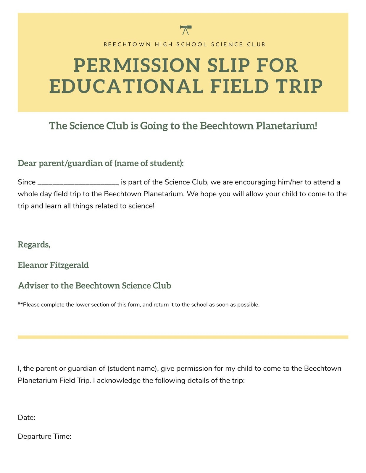 Permission Slip Template School