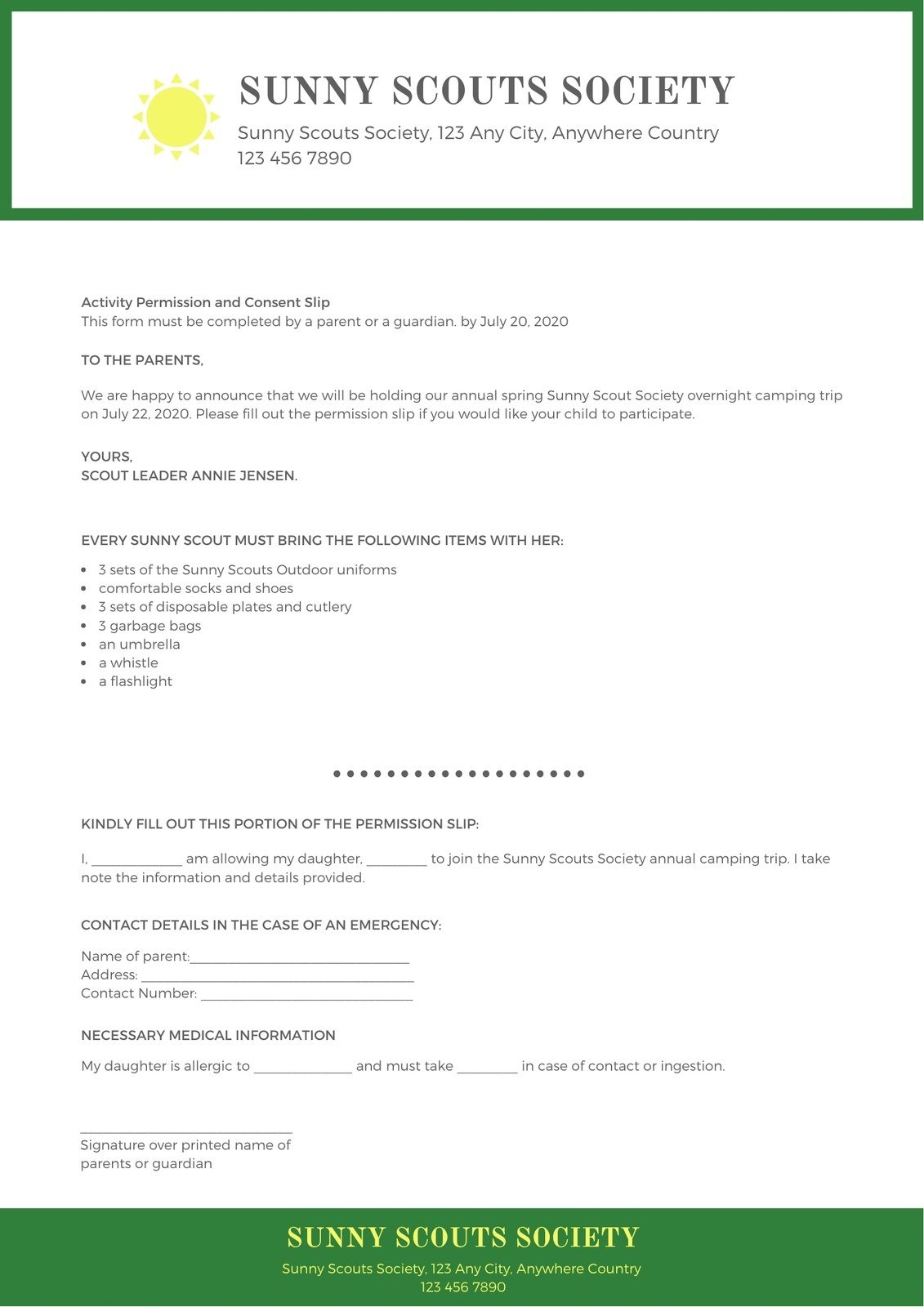Free Printable Customizable Permission Slip Letter Templates Canva