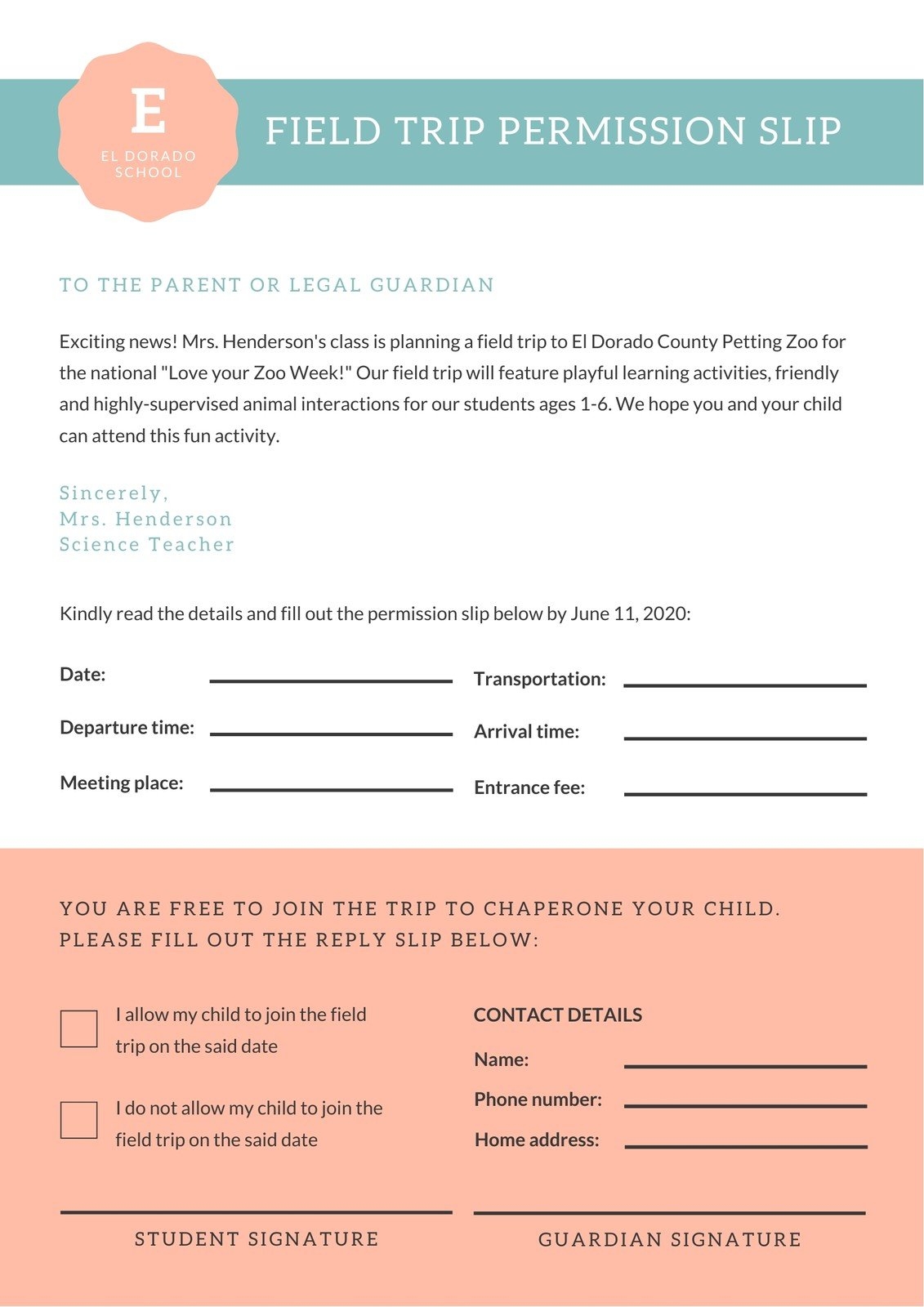 Field Trip Permission Slip Template Editable