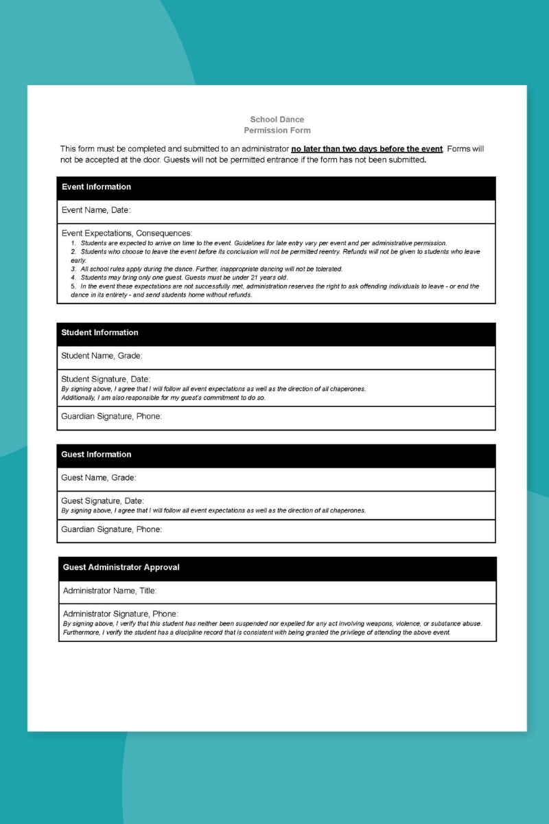 Dance Team Permission Slip Template