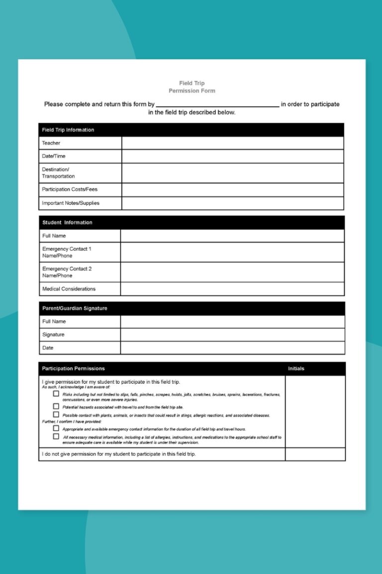 Free Printable Field Trip Permission Slip Templates Editable 