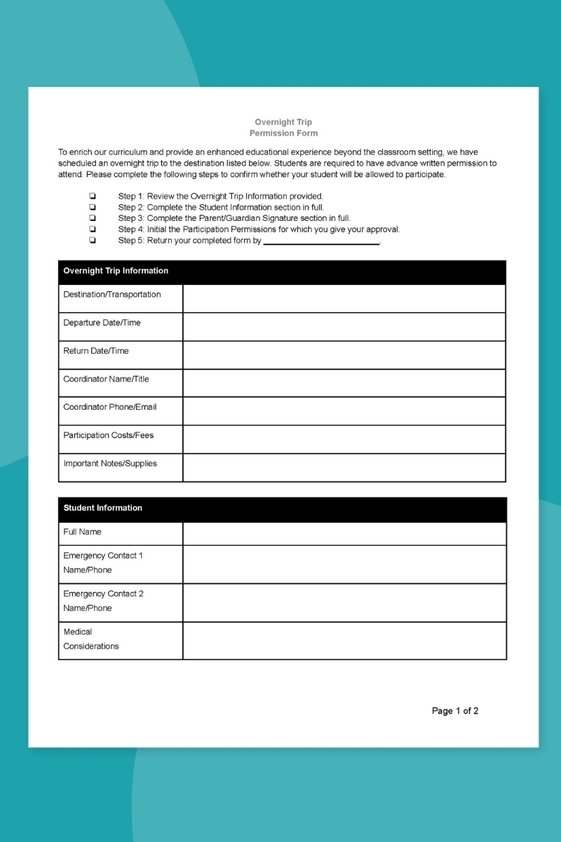Free Printable Field Trip Permission Slip Templates Editable