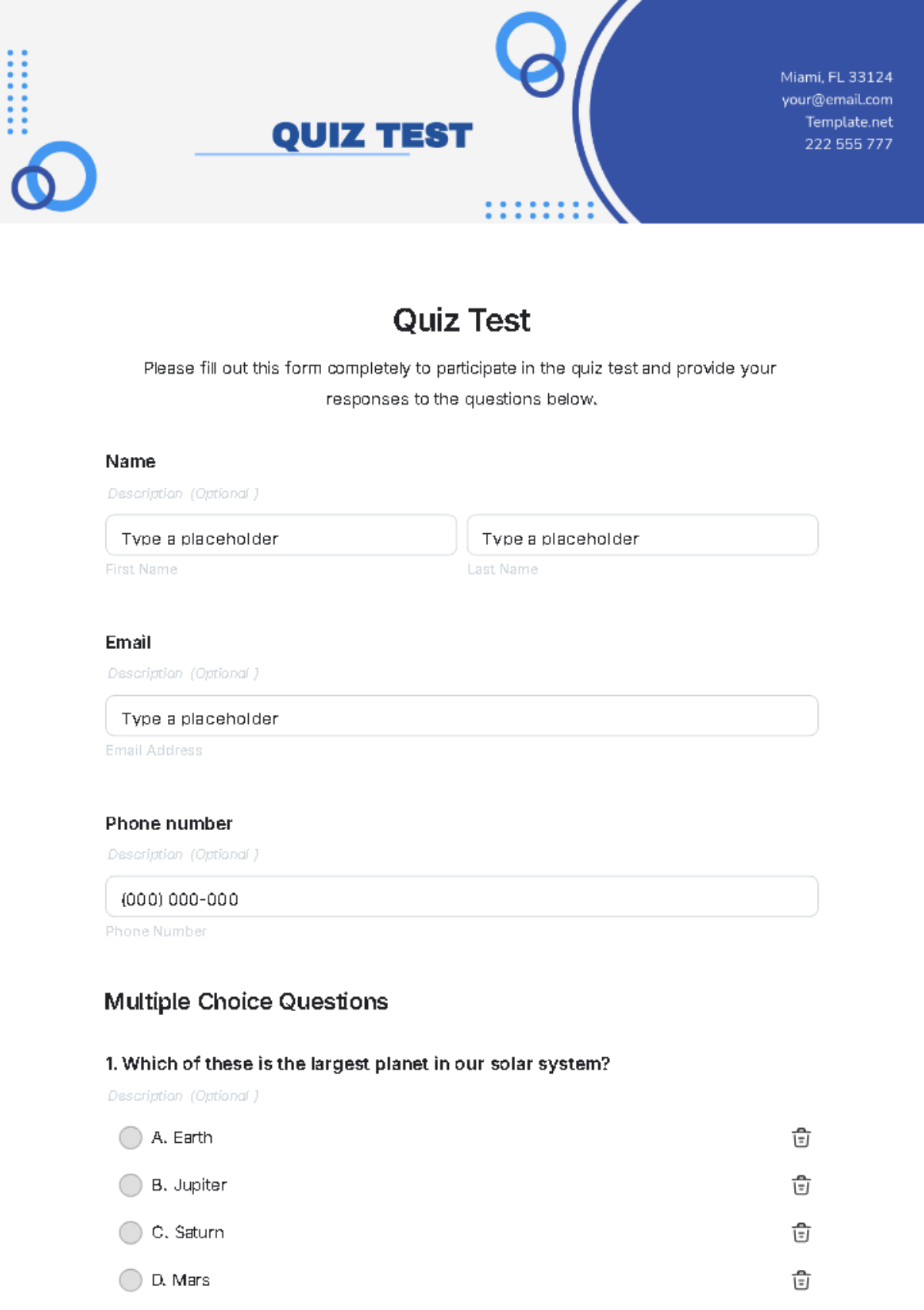 Free Quiz Templates To Edit Online