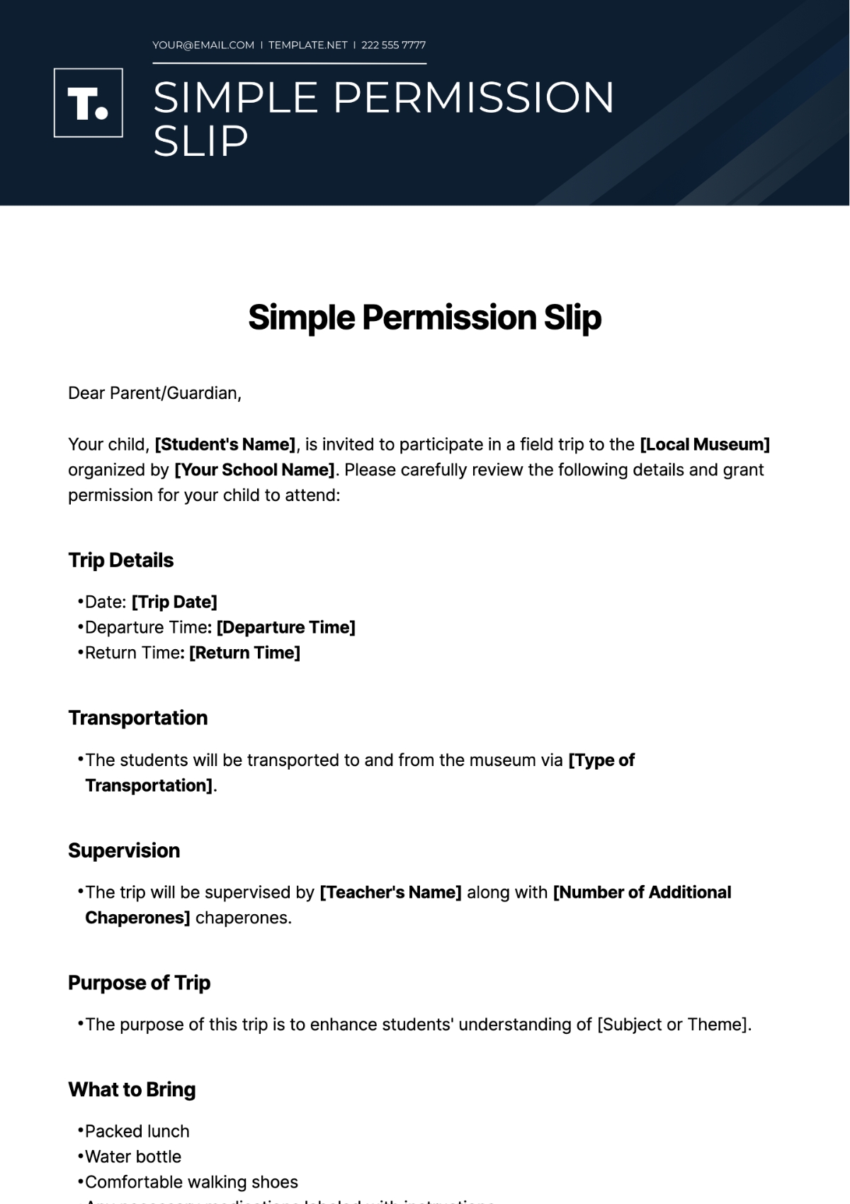 Free Simple Permission Slip Template To Edit Online