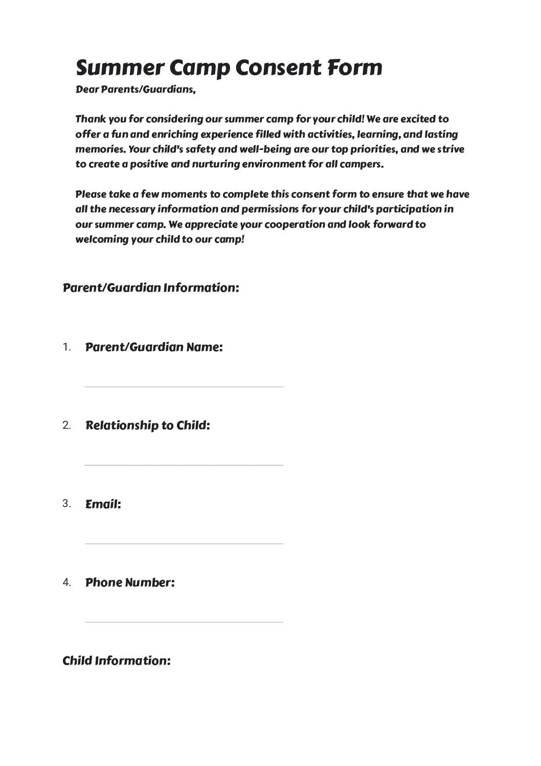 Free Summer Camp Consent Form Template In Google Forms