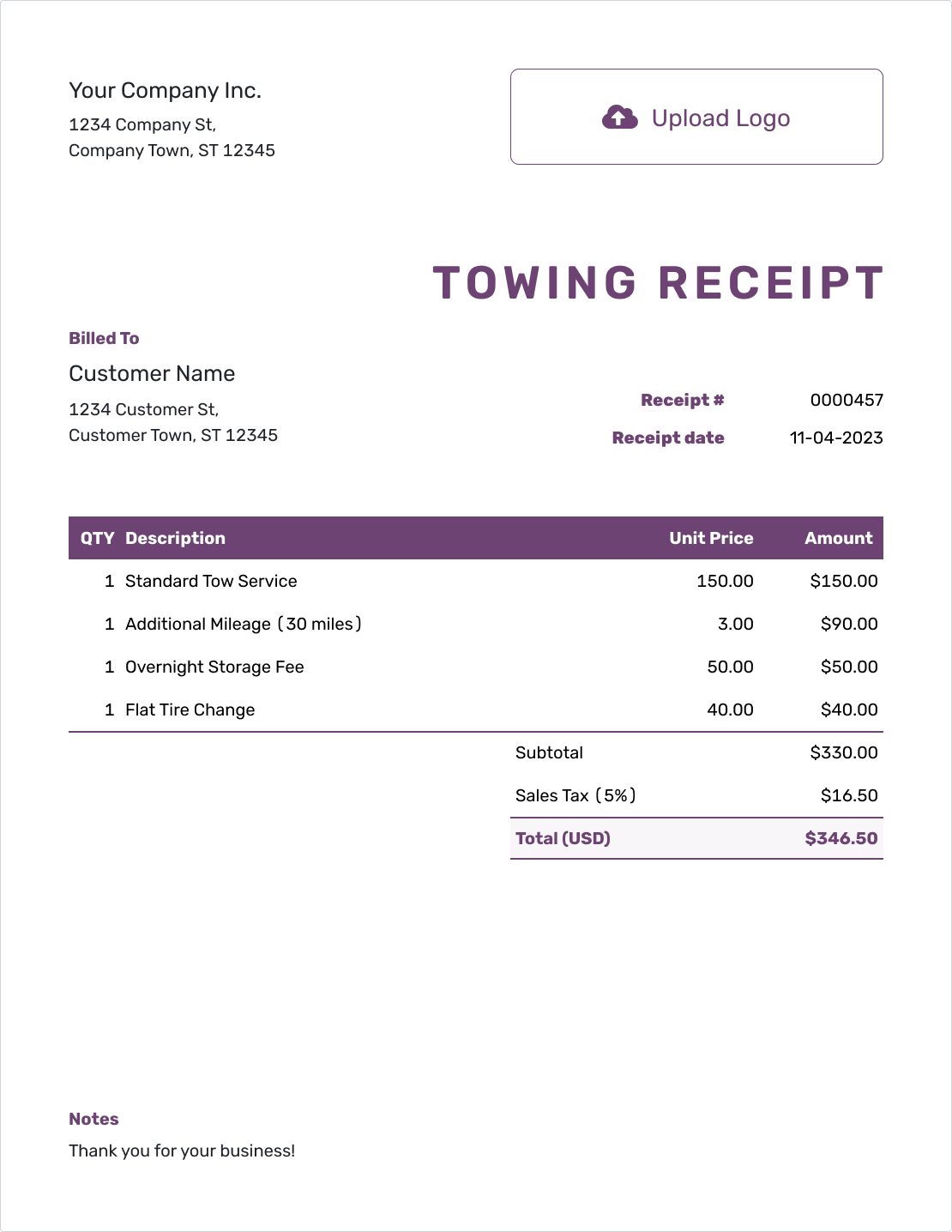 Free Towing Receipt Template Docelf