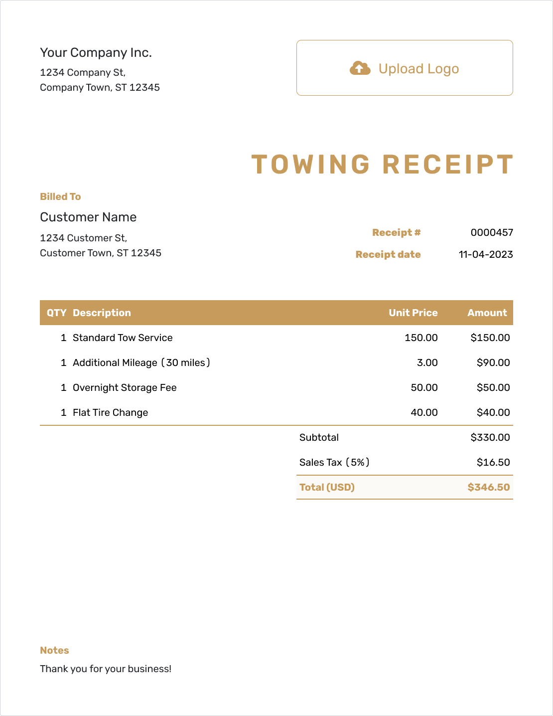 Free Towing Receipt Template Docelf