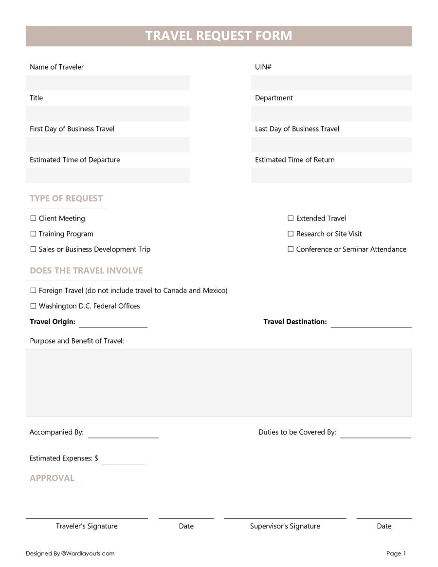 Free Travel Request Form Templates WordLayouts
