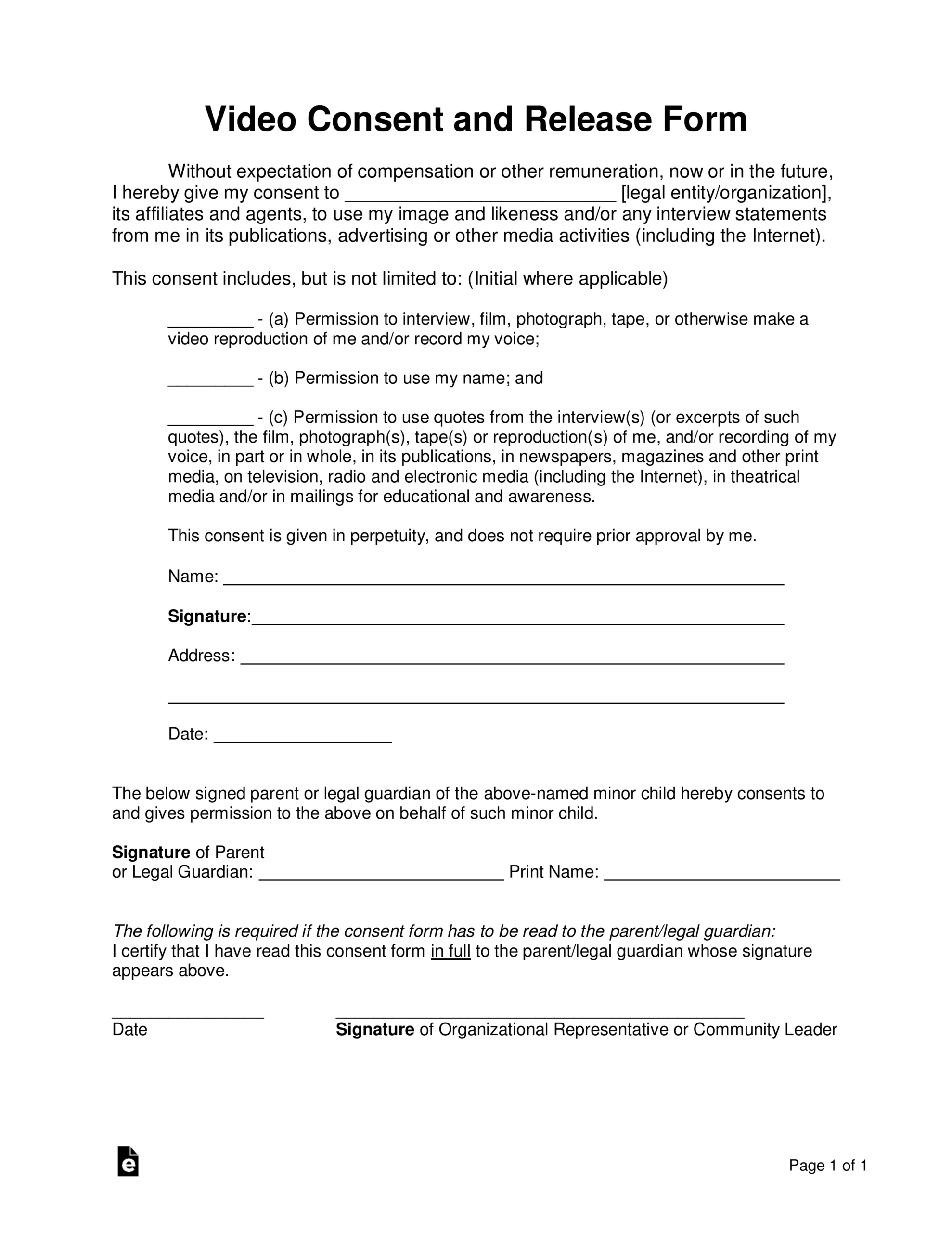 Free Video Consent Form PDF Word EForms