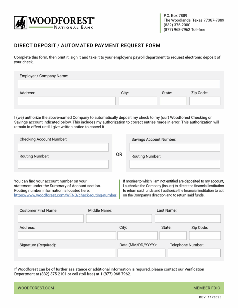 Free Woodforest National Bank Direct Deposit Form PDF