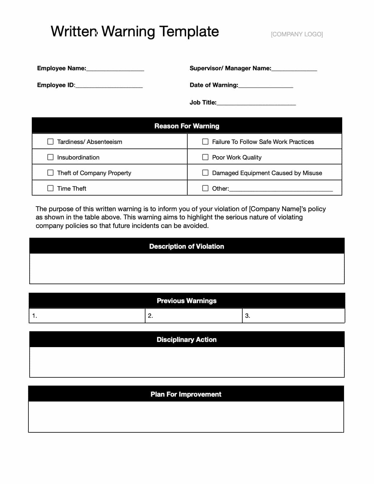 Free Written Warning Templates Download Print In PDF Office 