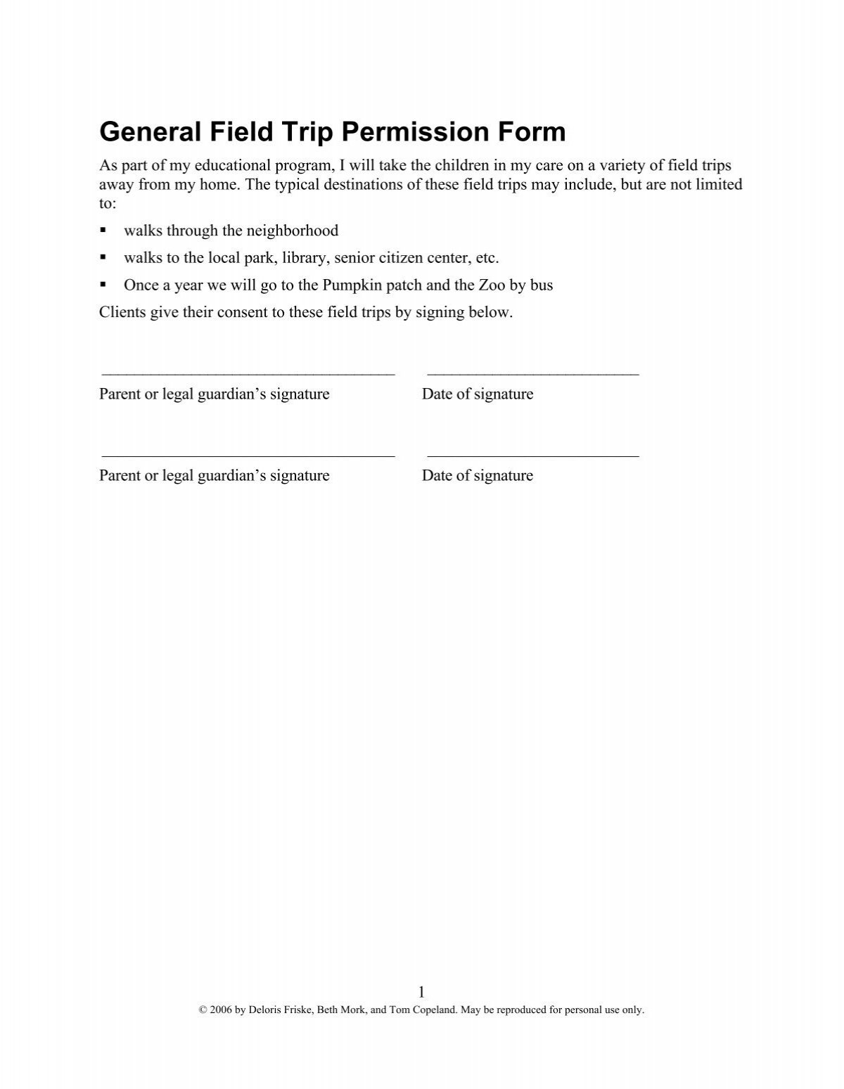 General Field Trip Permission Form Elaines Day Care