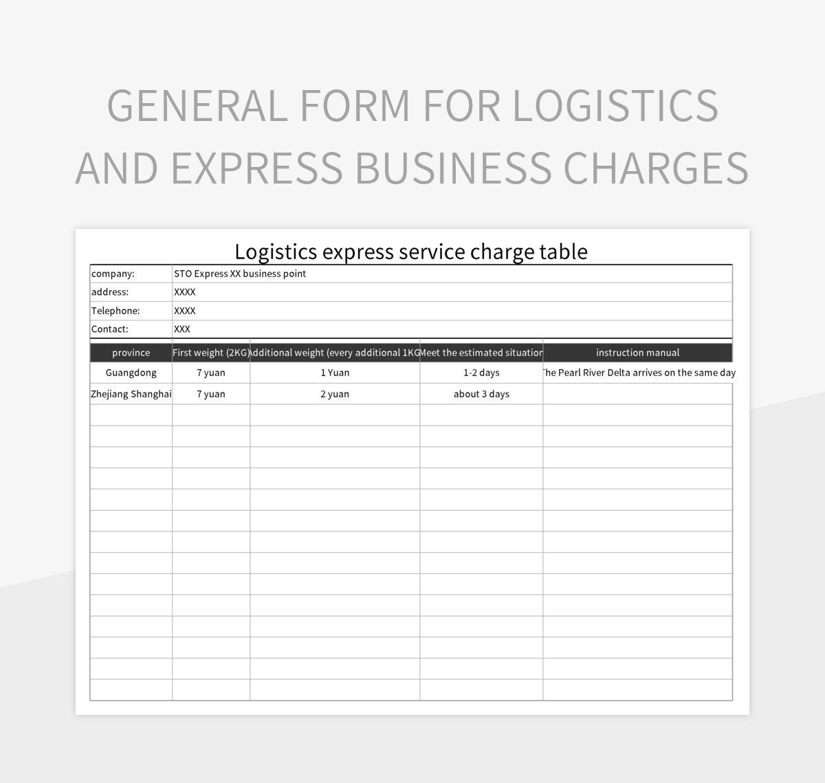 General Form For Logistics And Express Business Charges Excel Template And Google Sheets File For Free Download Slidesdocs