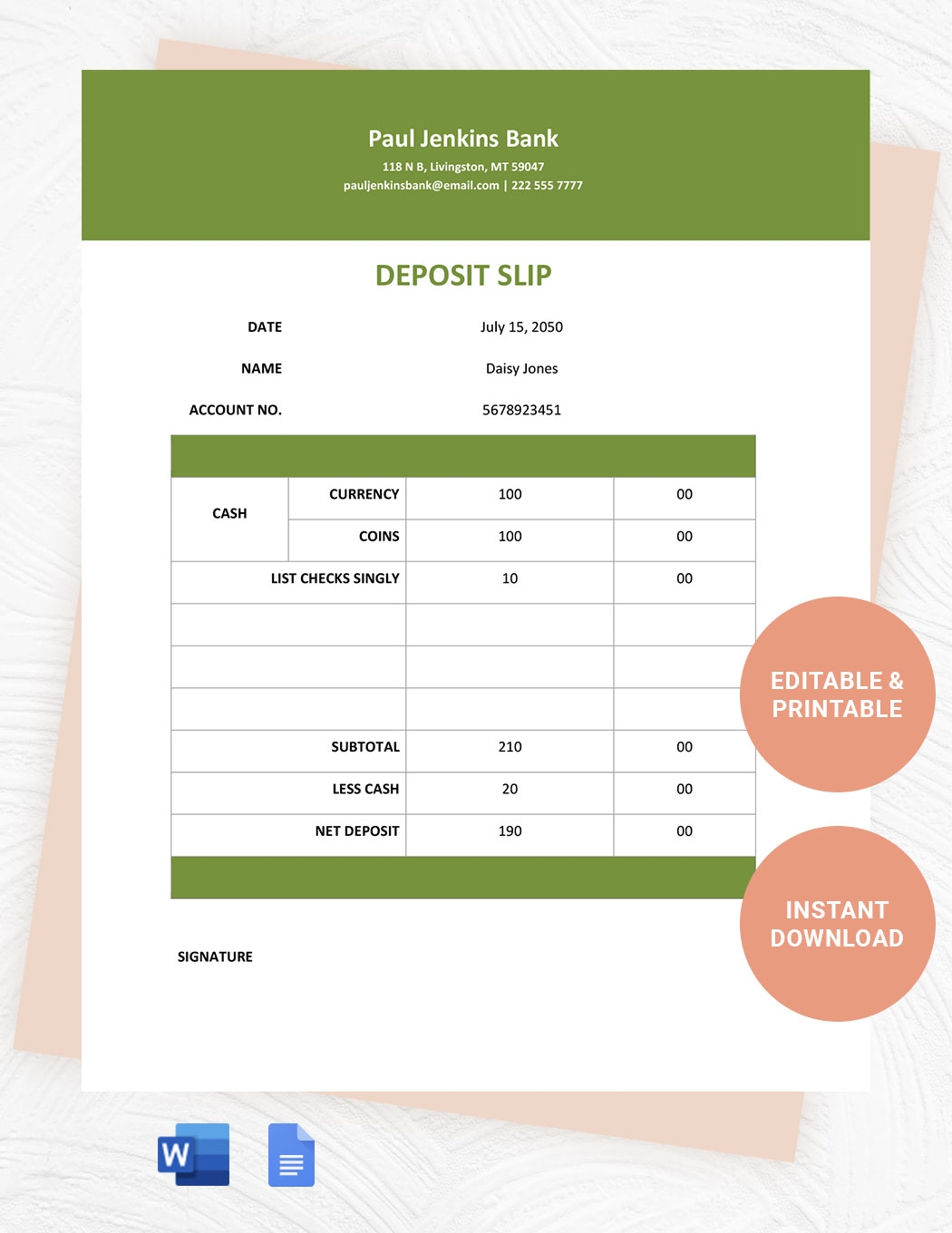 Generic Deposit Slip Template In Word Google Docs Download Template
