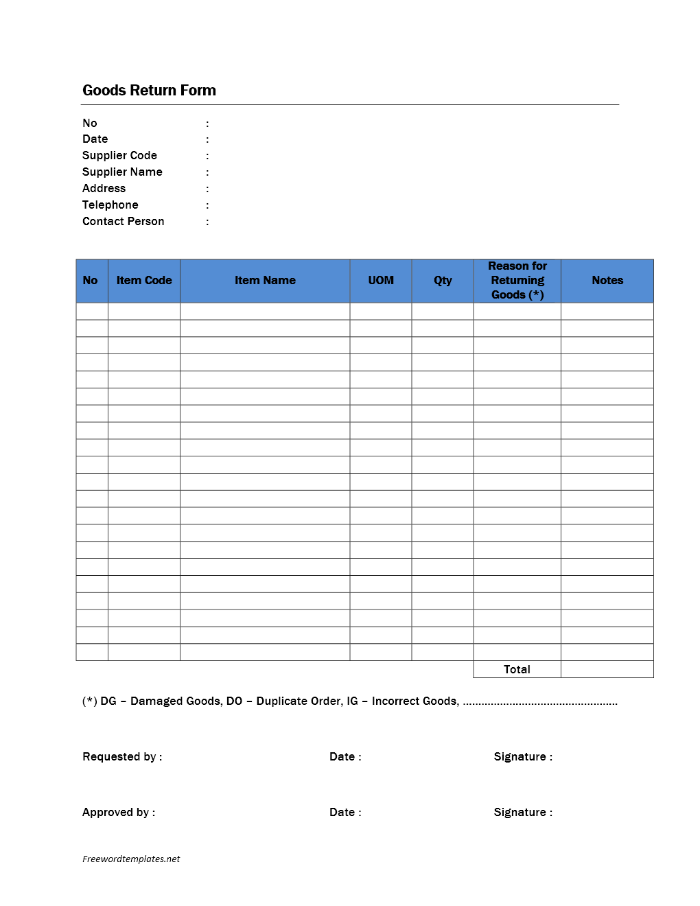 Goods Return Form