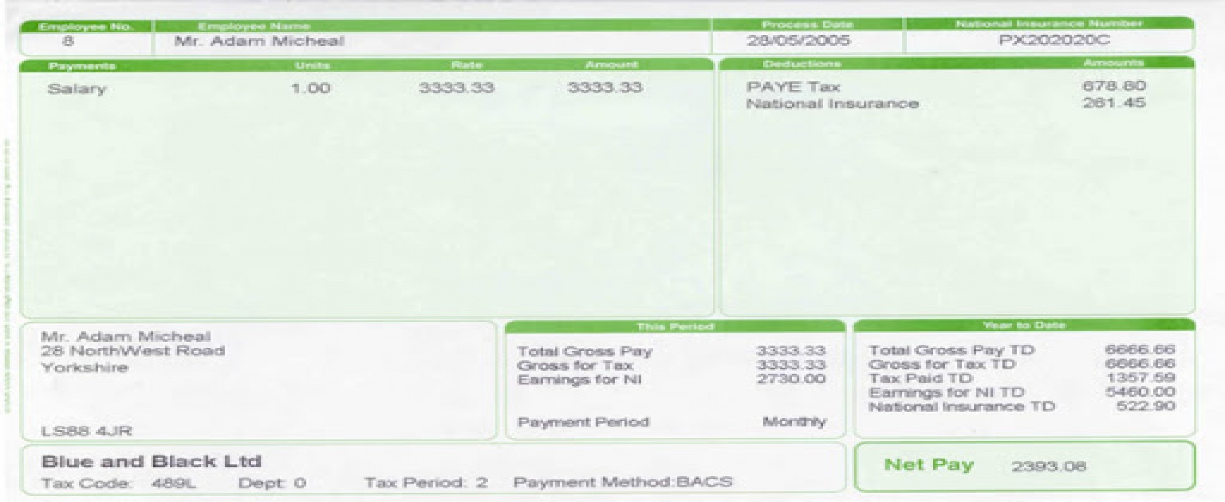 Green Payslip With Employers And Employee Address GR1