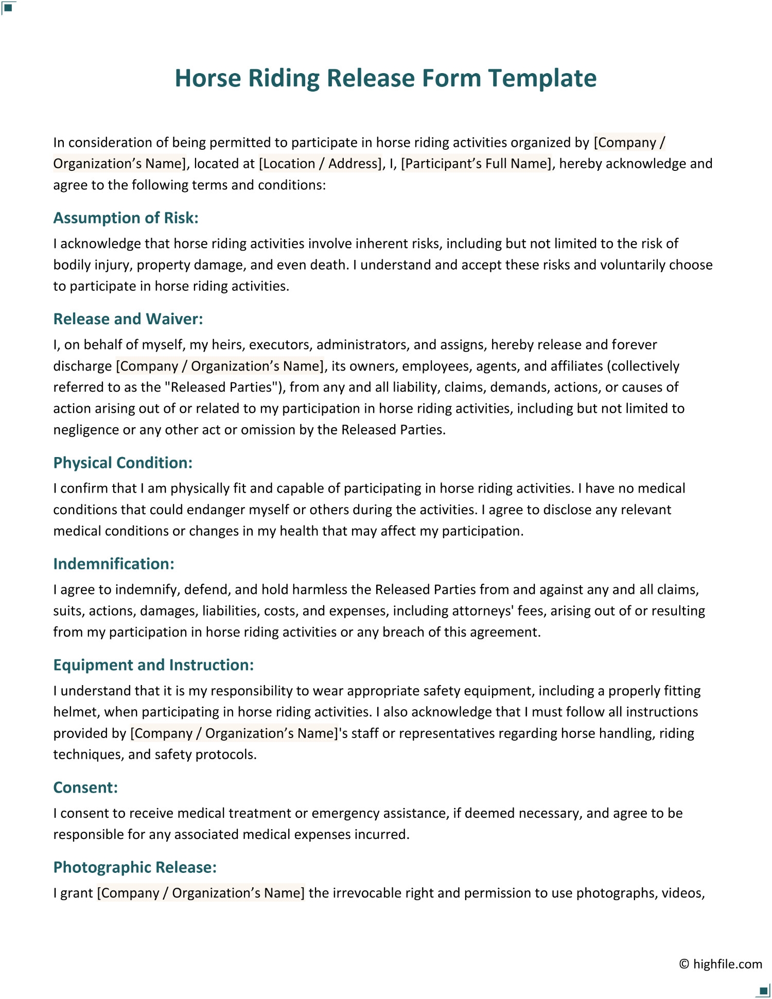 Horse Riding Release Form Template Word PDF Google Docs Highfile