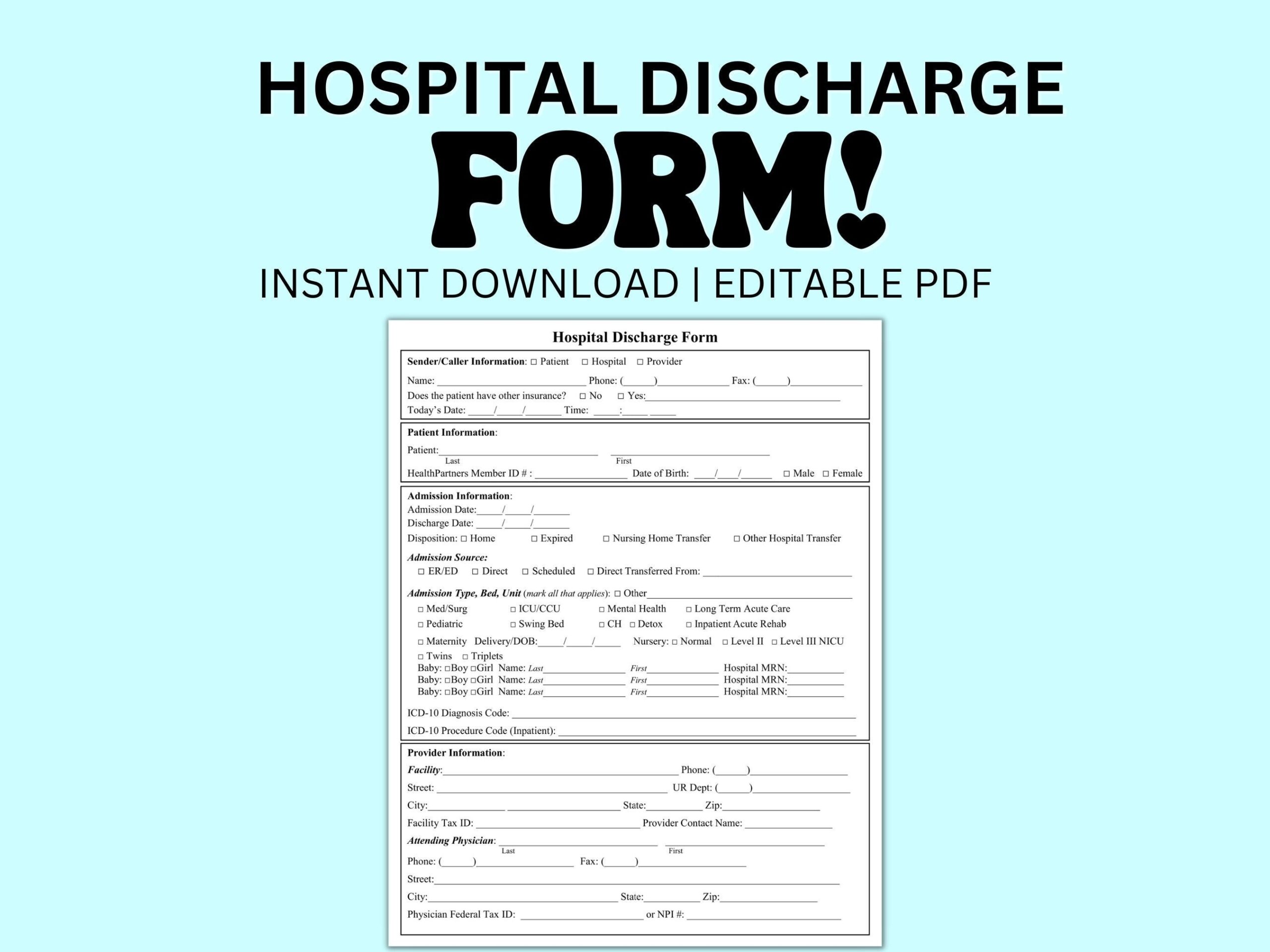 Hospital Discharge Form Editable PDF Template For Medical Offices