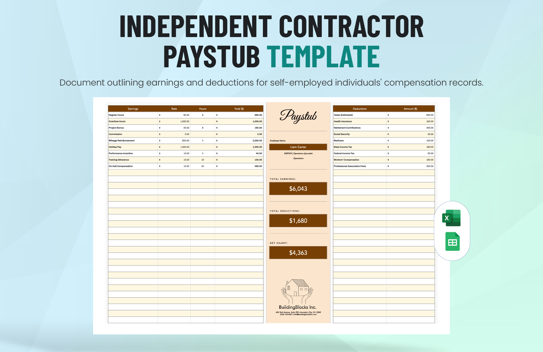 Independent Contractor Paystub Template In Excel Google Sheets Download Template