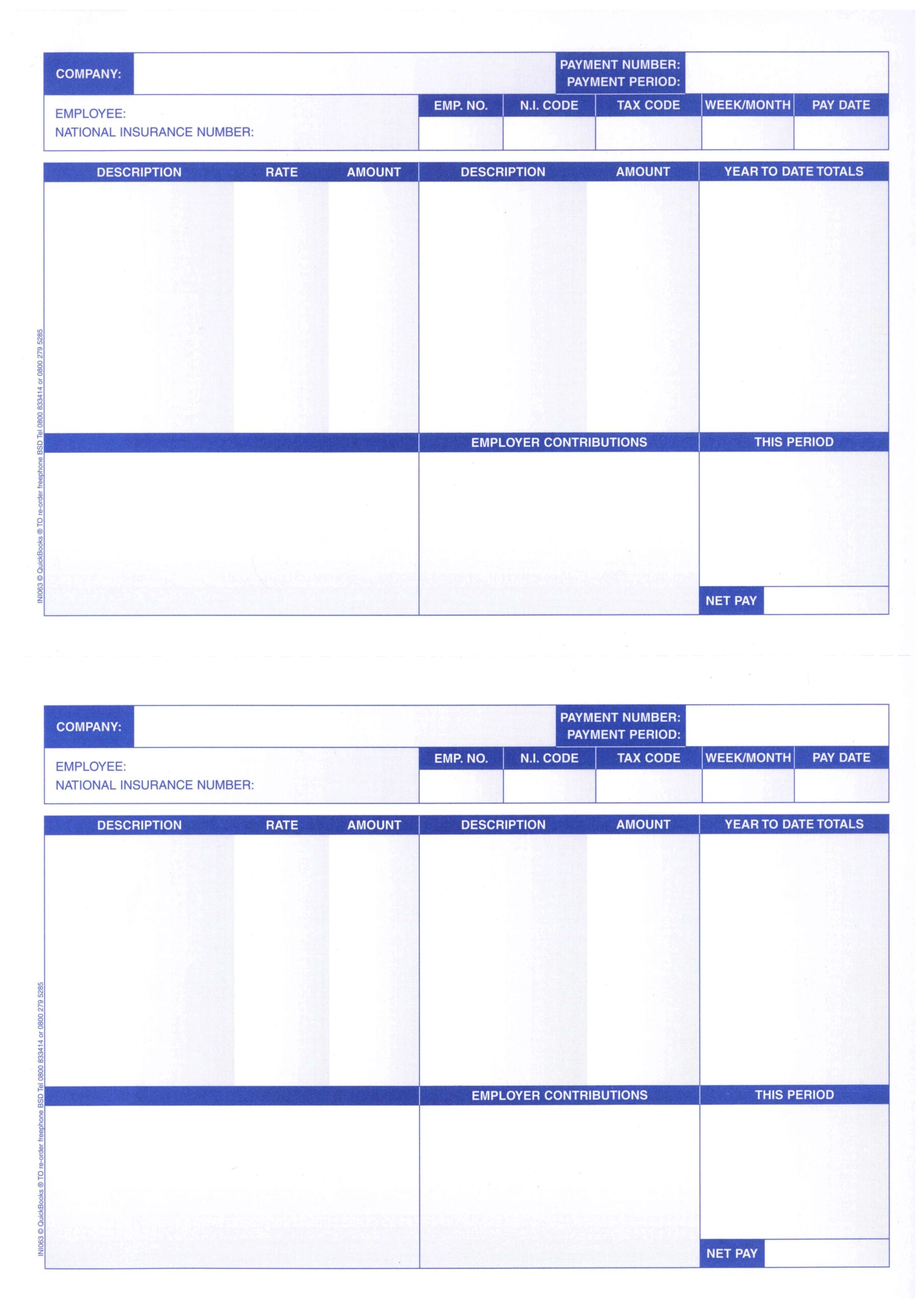 INI063 QUICKBOOKS PAYSLIPS Two Payslips Per Page