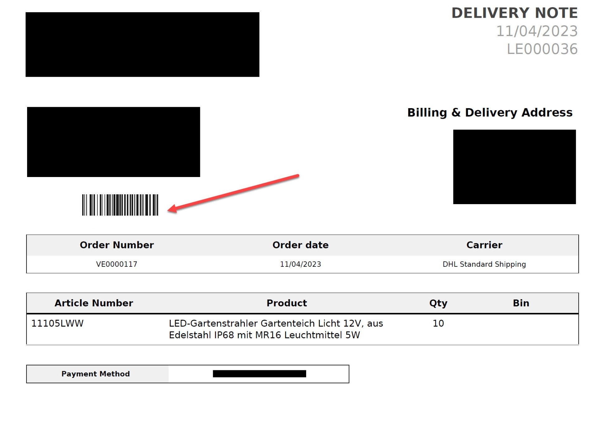 Insert Barcode order Number On The Delivery Slip Core 