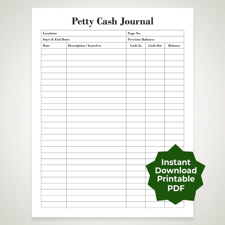 Instant Download Printable Petty Cash Journal 2 Templates A4 