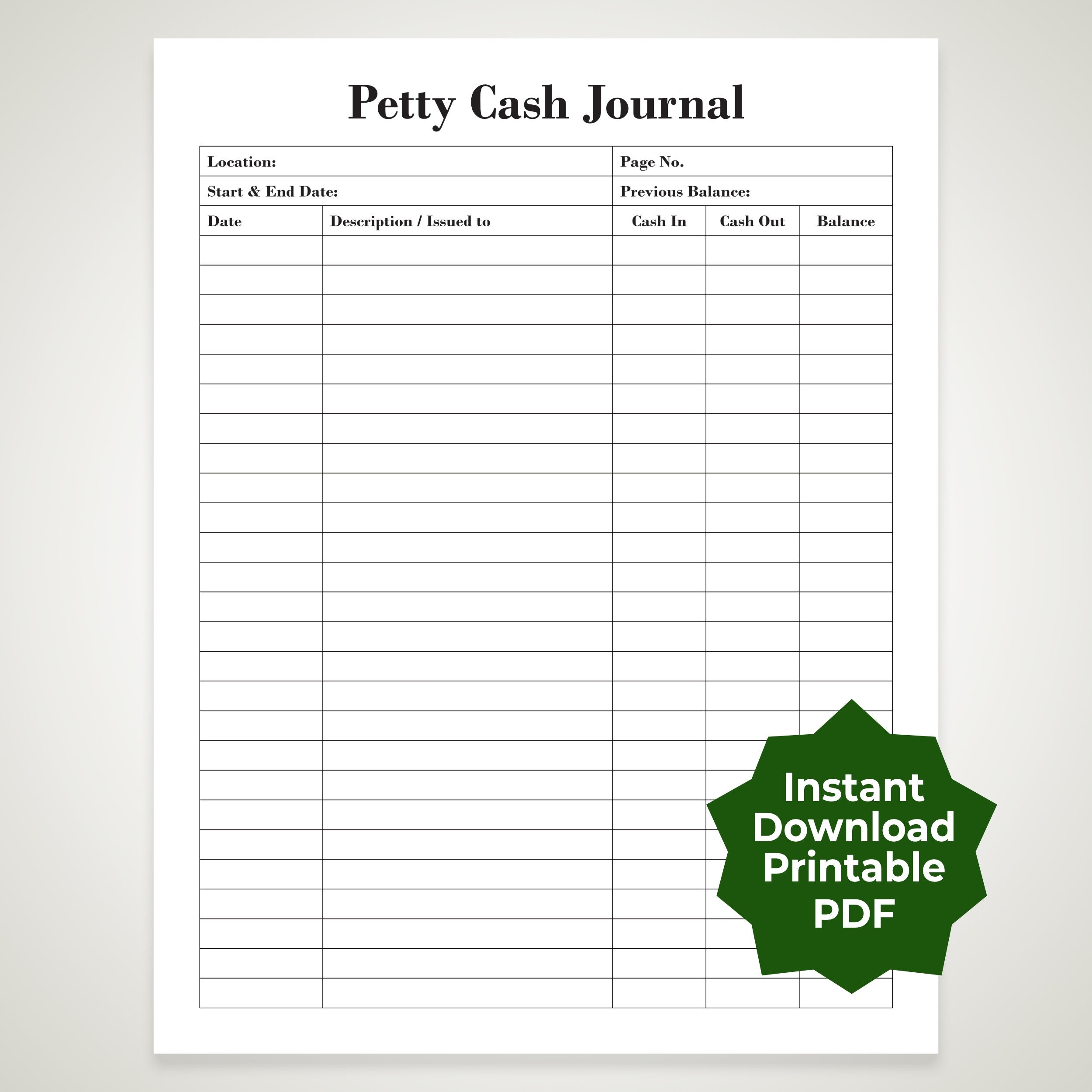 Instant Download Printable Petty Cash Journal 2 Templates A4