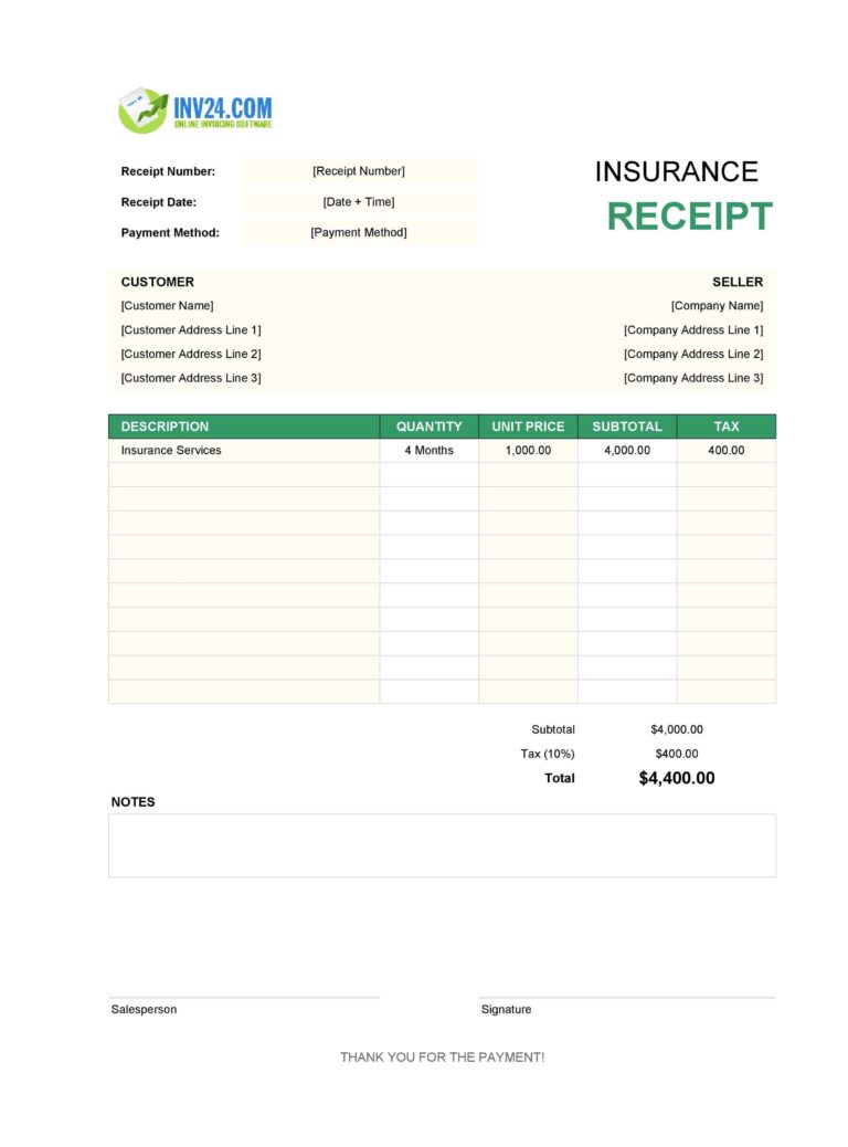 Insurance Receipt Template Excel Google Sheets 