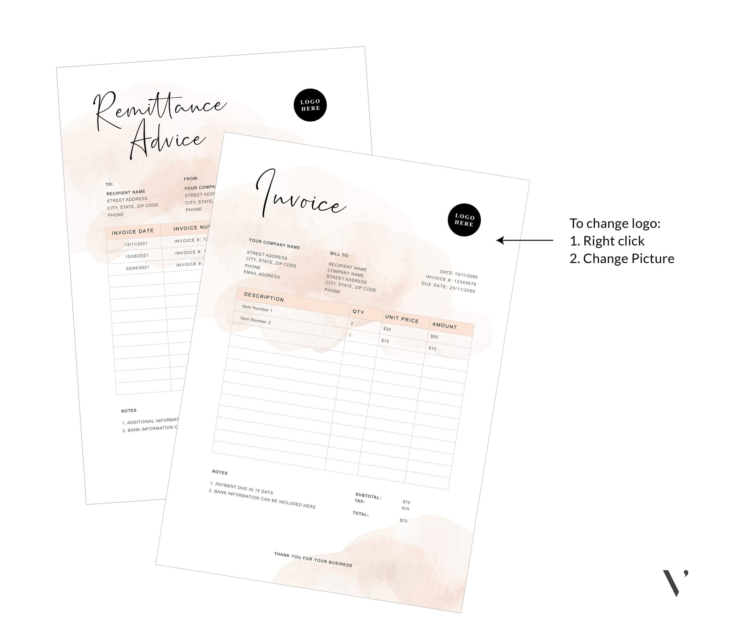 Invoice Template Word Remittance Advice Printable Invoice Business Invoice Template Editable Simple Billing Form Word Receipt Etsy