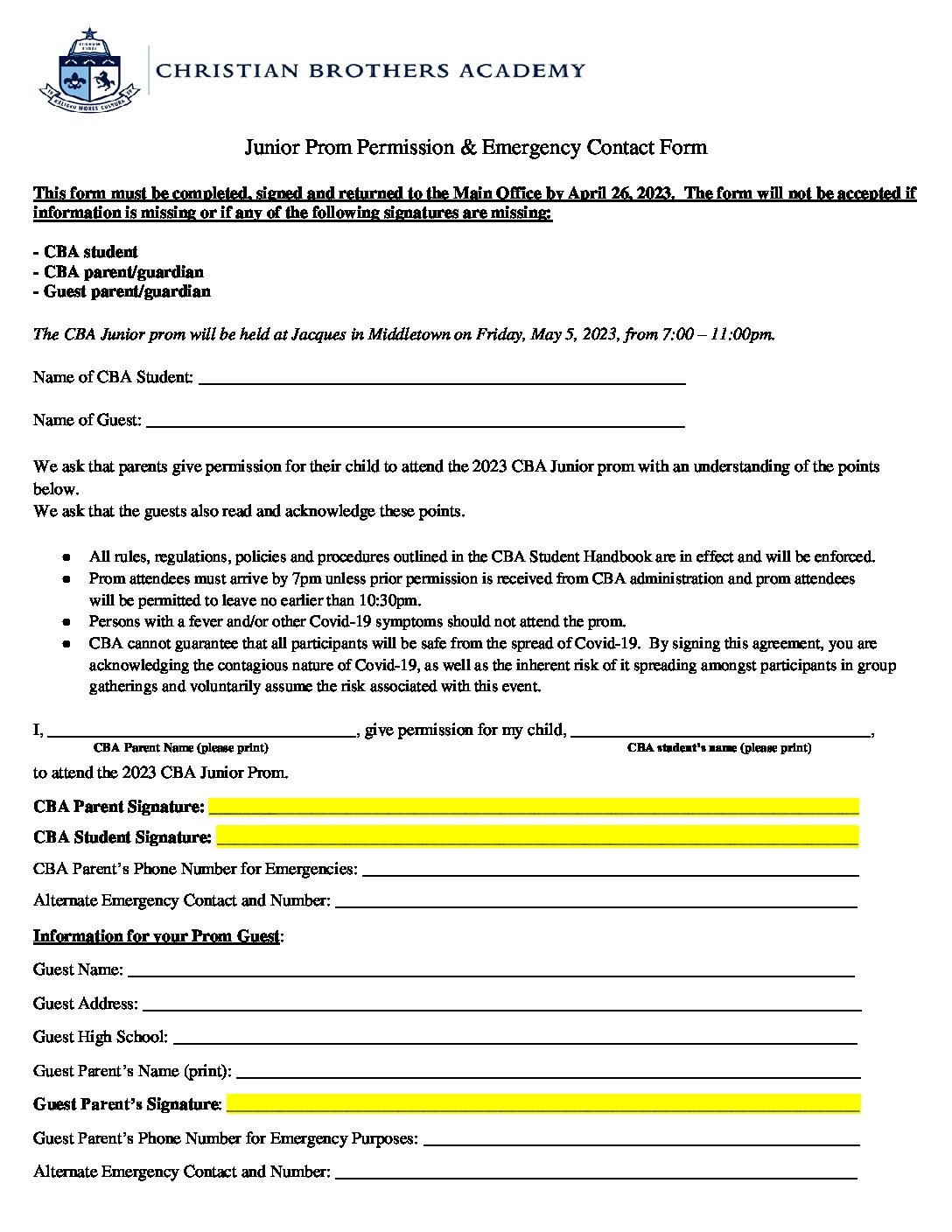 Junior Prom Permission Form Christian Brothers Academy
