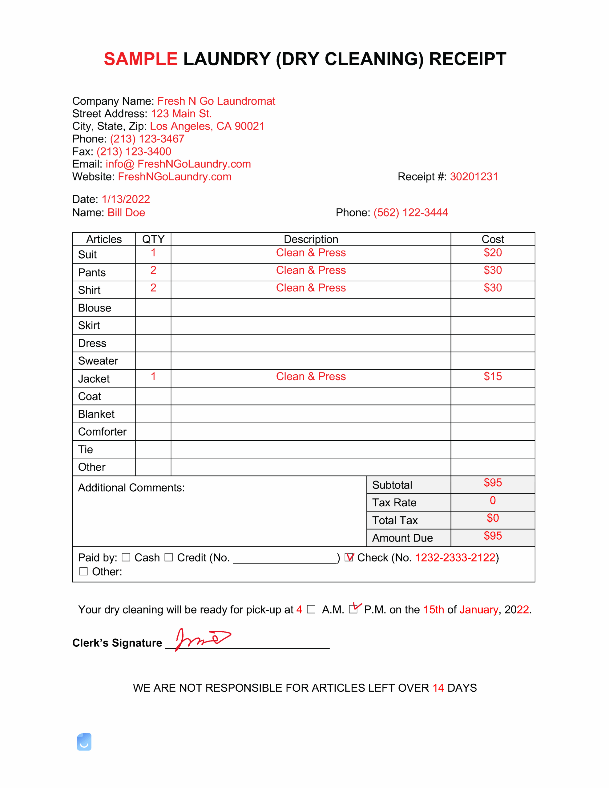 Laundry Dry Cleaning Receipt Template Invoice Maker