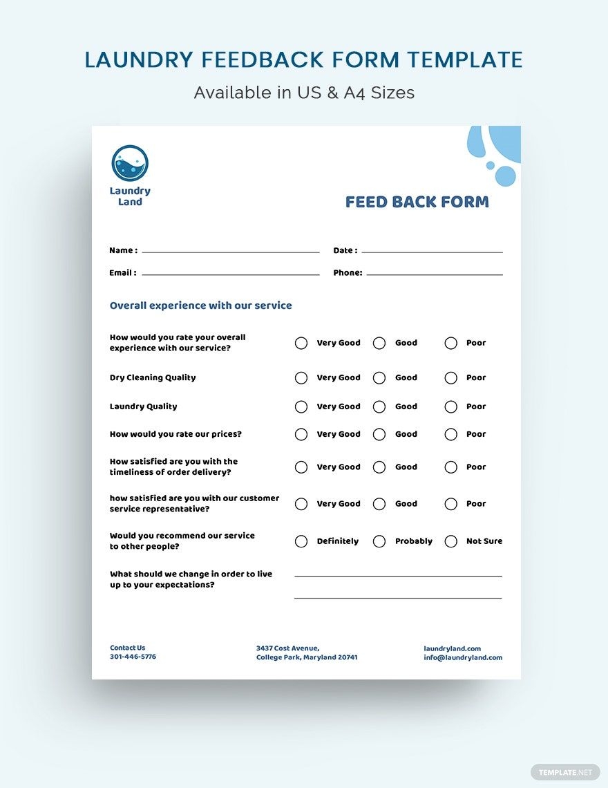 Laundry Feedback Form Template In Illustrator PSD InDesign Word Pages Publisher Google Docs Download Template