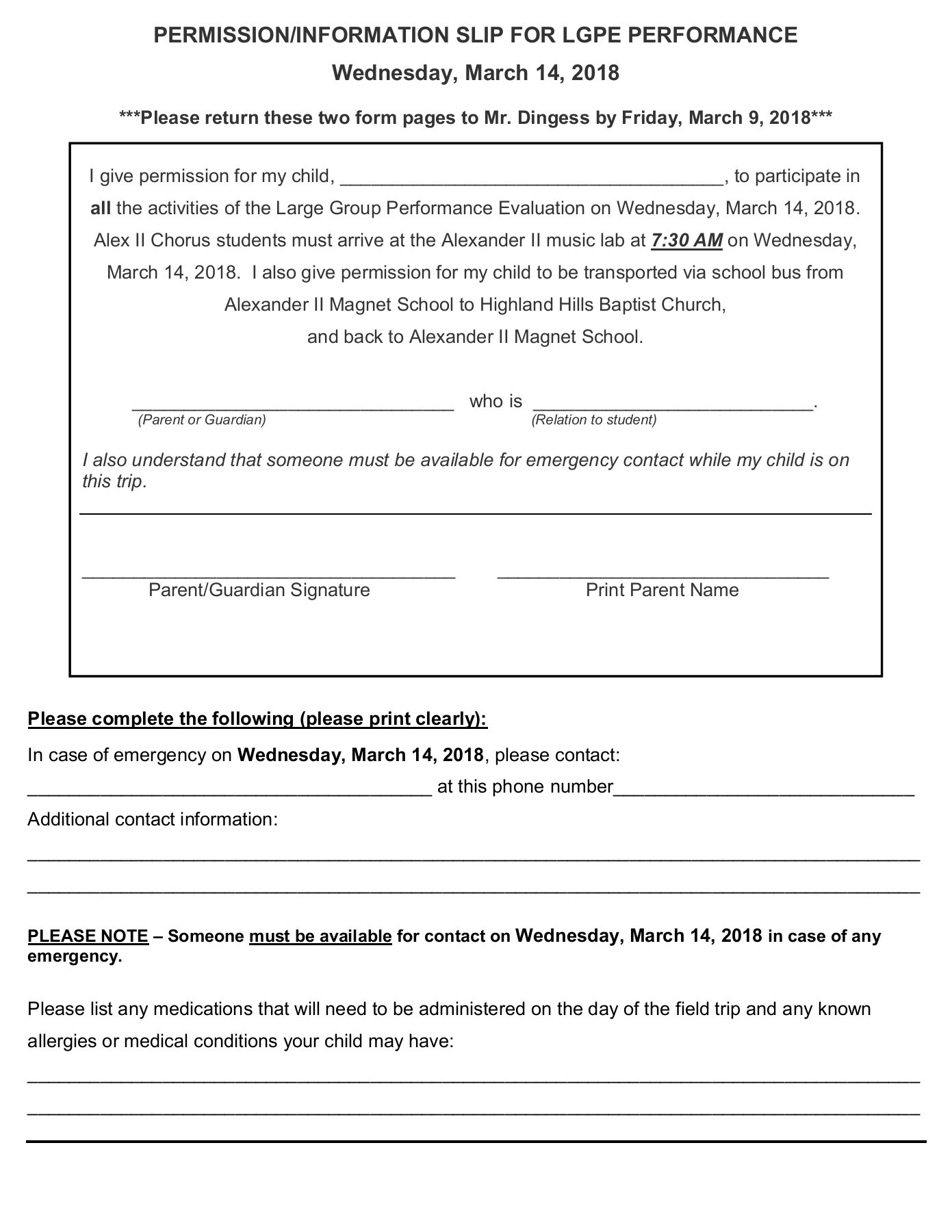 LGPE 2018 Permission Slip Lgpe Performance Wednesday March 