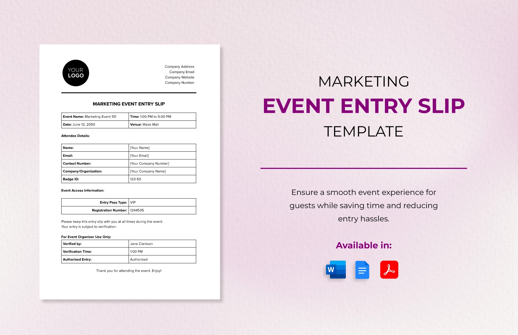 Marketing Event Entry Slip Template In Word PDF Google Docs Download Template