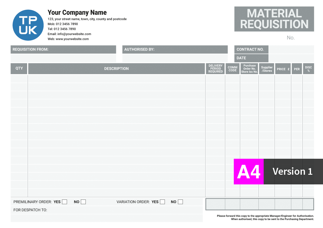 MATERIAL REQUISITION Templates Printed NCR From 54