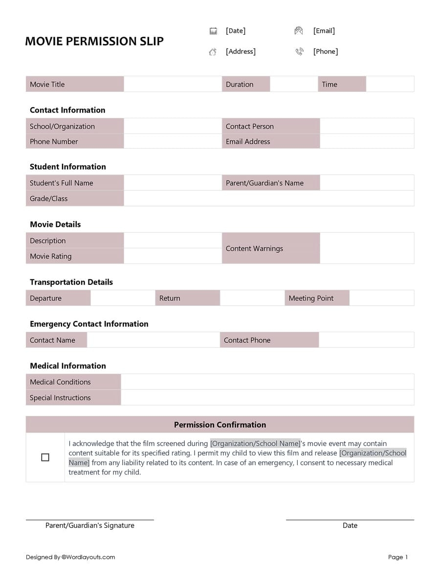 Movie Permission Slip Template WordLayouts
