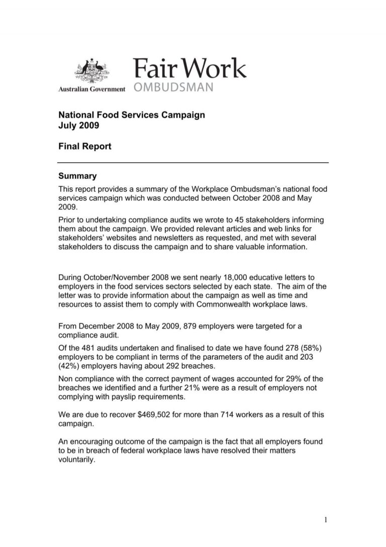 NATIONAL FOOD SERVICES CAMPAIGN Fair Work Ombudsman